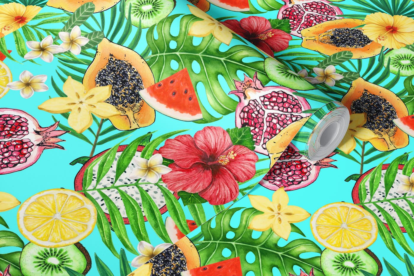 Tropical mix-fruit, flowers and leaves on blue wallpaper roll