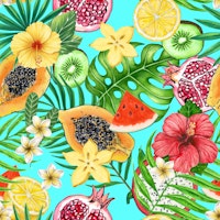 Tropical mix-fruit, flowers and leaves on blue tapete