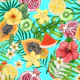 Tropical mix-fruit, flowers and leaves on blue