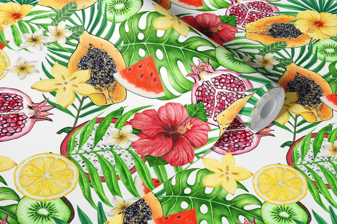 Tropical mix-fruit, flowers and leaves on white wallpaper roll