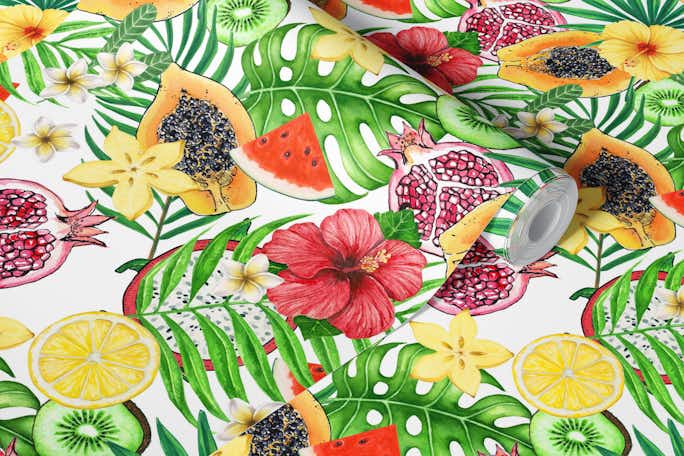 Tropical mix-fruit, flowers and leaves on whitewallpaper roll