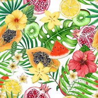 Tropical mix-fruit, flowers and leaves on white tapete
