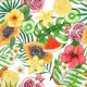Tropical mix-fruit, flowers and leaves on white