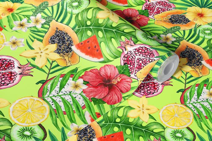 Tropical mix-fruit, flowers and leaves on greenwallpaper roll