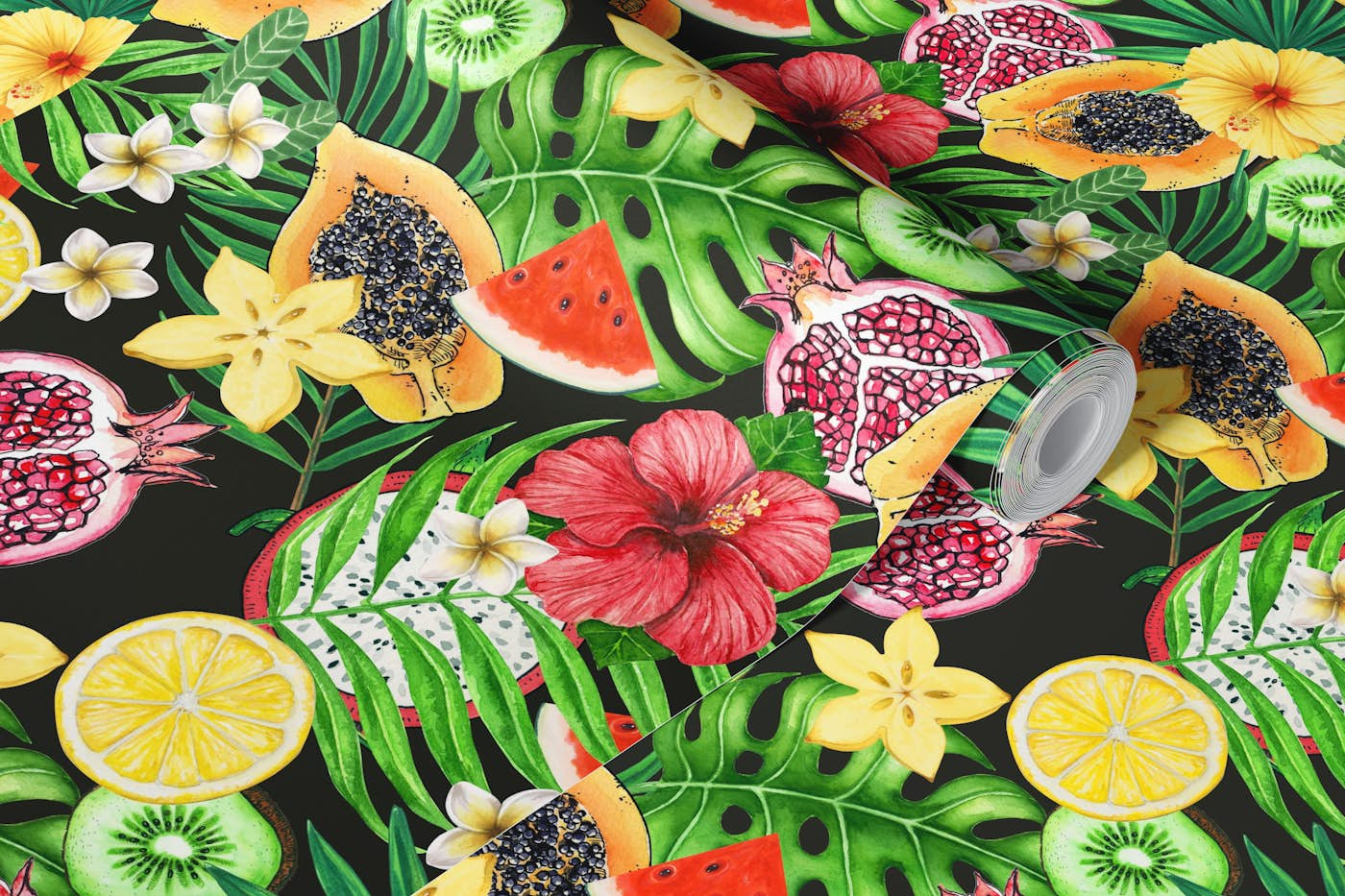 Tropical mix-fruit, flowers and leaves on black wallpaper roll