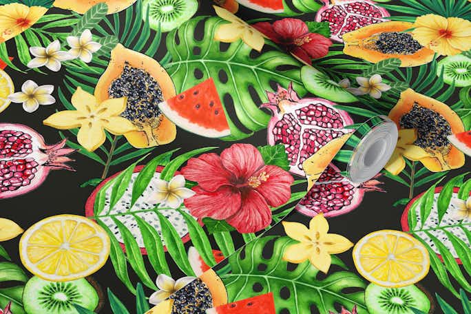 Tropical mix-fruit, flowers and leaves on blackwallpaper roll