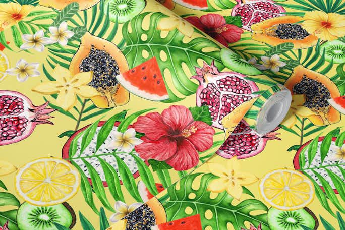 Tropical mix-fruit, flowers and leaves on yellowwallpaper roll