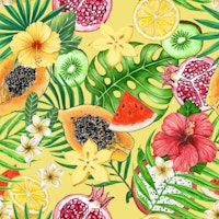 Tropical mix-fruit, flowers and leaves on yellow tapete