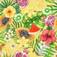 Tropical mix-fruit, flowers and leaves on yellow