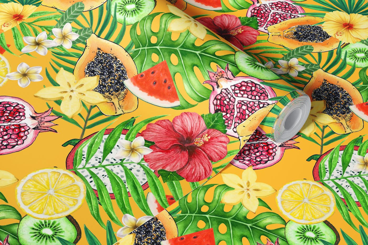 Tropical mix-fruit, flowers and leaves on orange wallpaper roll