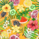 Tropical mix-fruit, flowers and leaves on orange