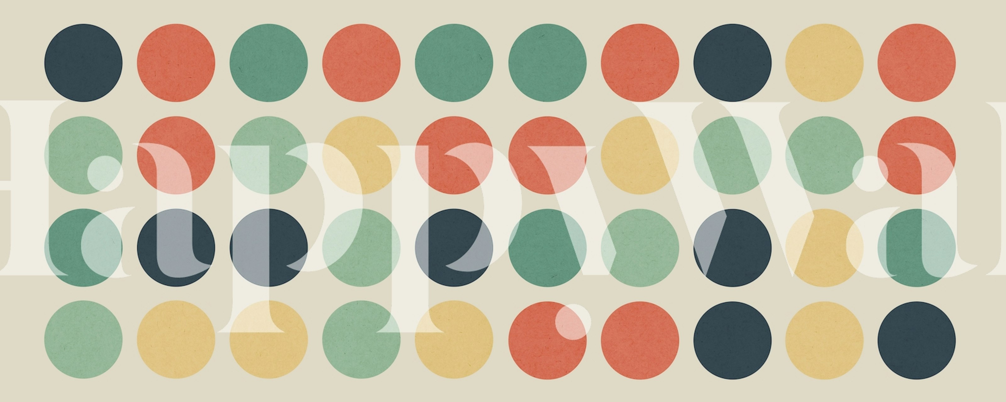 A wall mural with an array of colored circles in warm tones on a neutral background