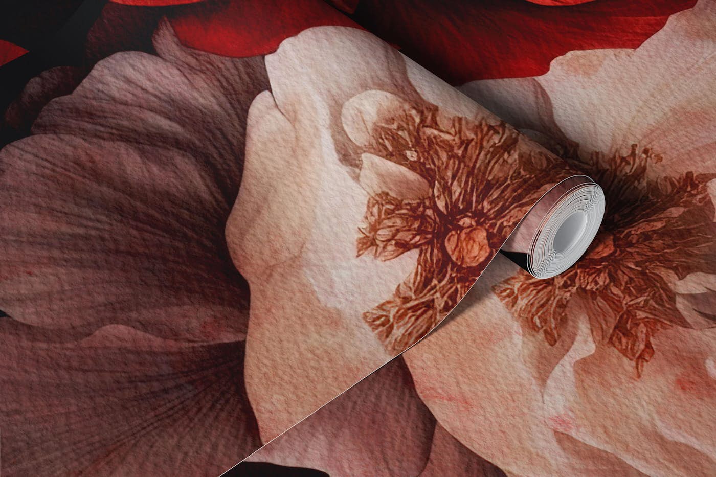 Moody Opulent Red Baroque Night Flower Peonies wallpaper roll