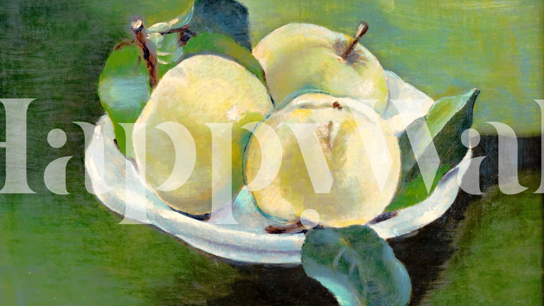 Papier peint nature morte de pommes mûres sur une assiette avec un fond vert tendre