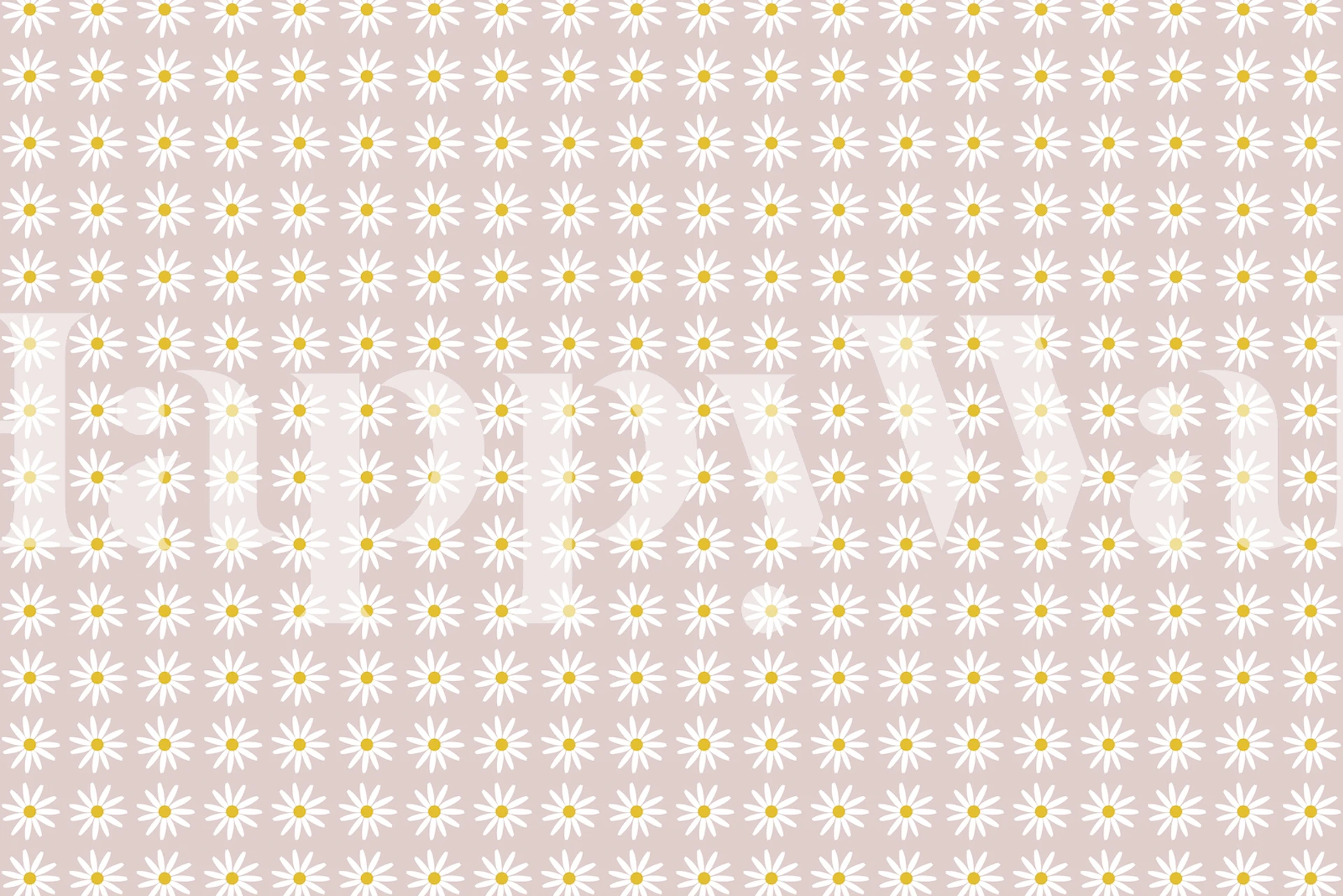 Pink wallpaper with small white daisies and green leaves on a pastel pink background
