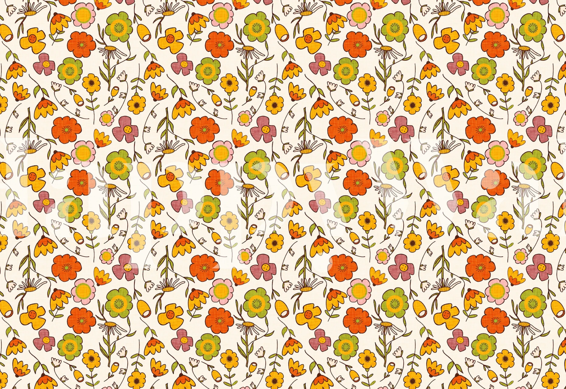 Bunte Blumenmuster Tapete in Weiß, 70er Jahre Stil, floral wallpaper