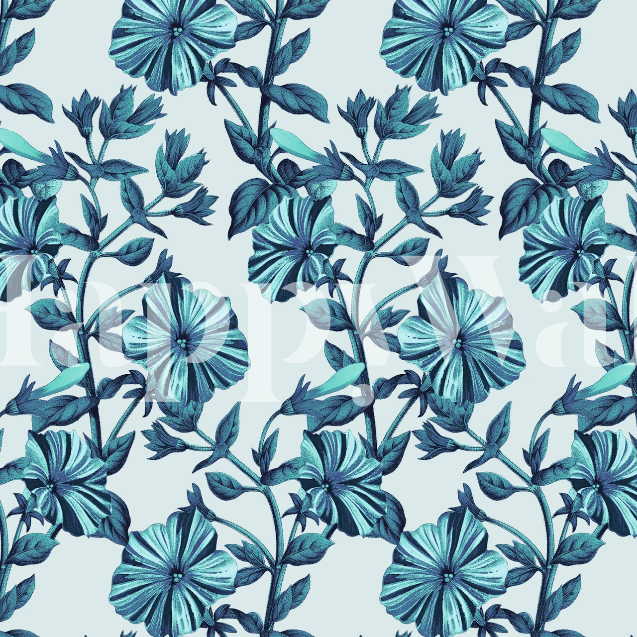 Blue morning glory flowers on a pale background wall mural