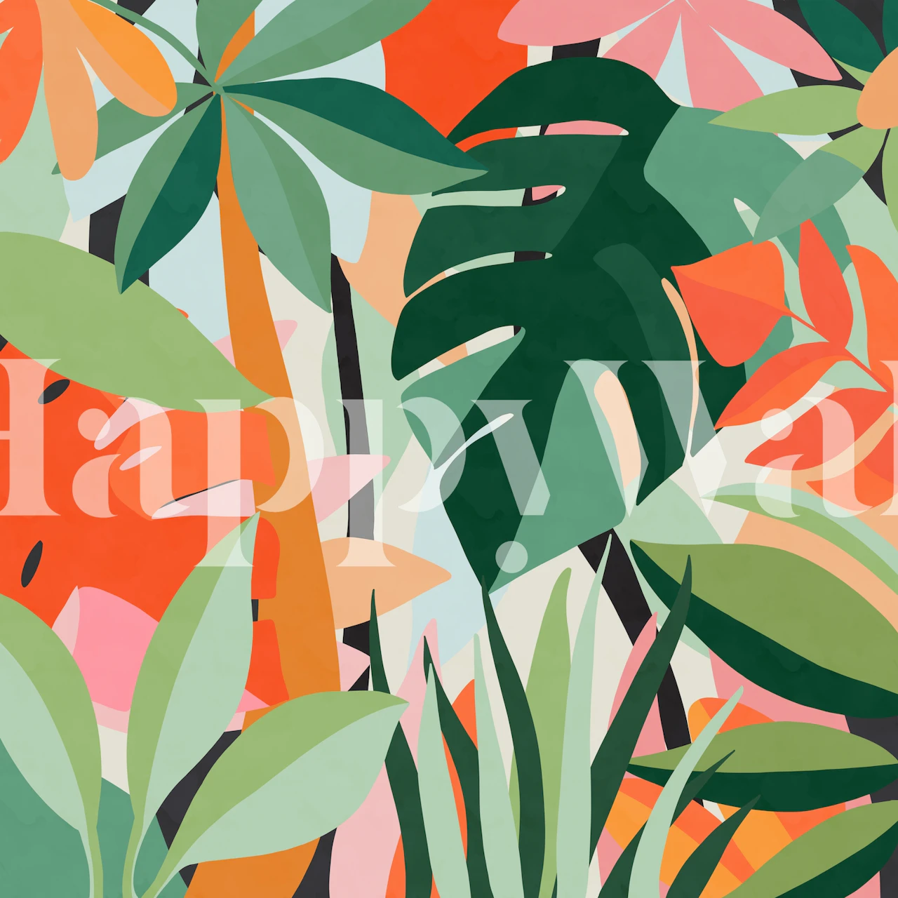 Tropical leaves in vibrant colors including green, orange, and pink wallpaper