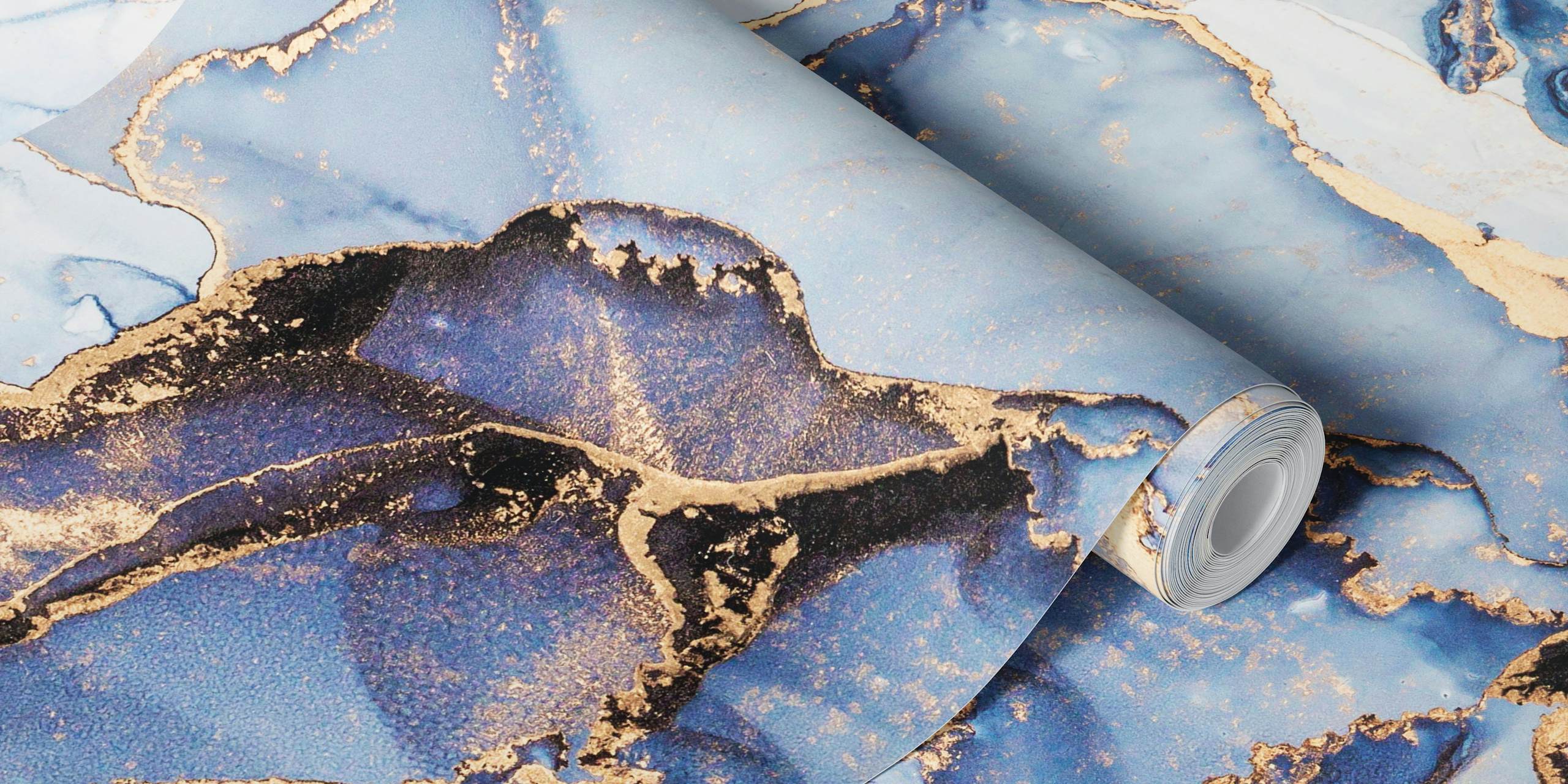 Abstract blue and gold wallpaper with flowing patterns and textures