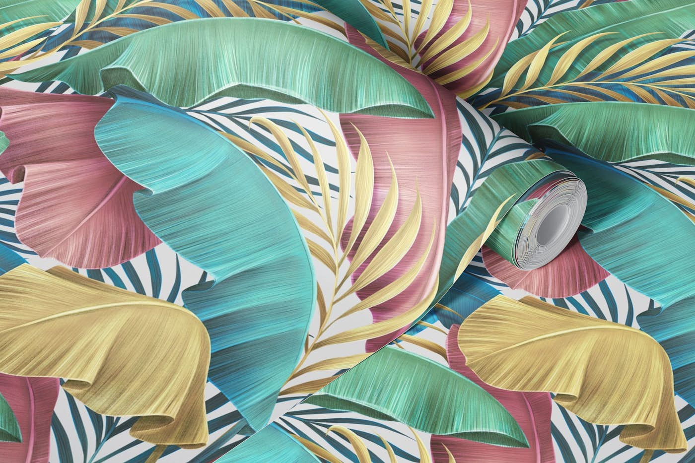 Pastel banana leaves wallpaper roll