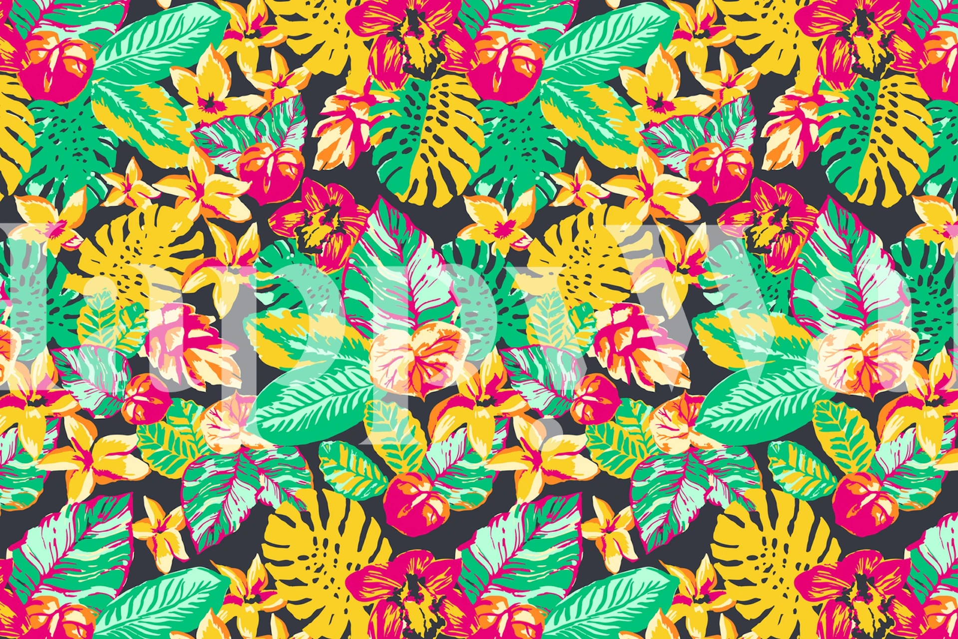 Colorful tropical jungle pattern wall mural with exotic foliage and flowers