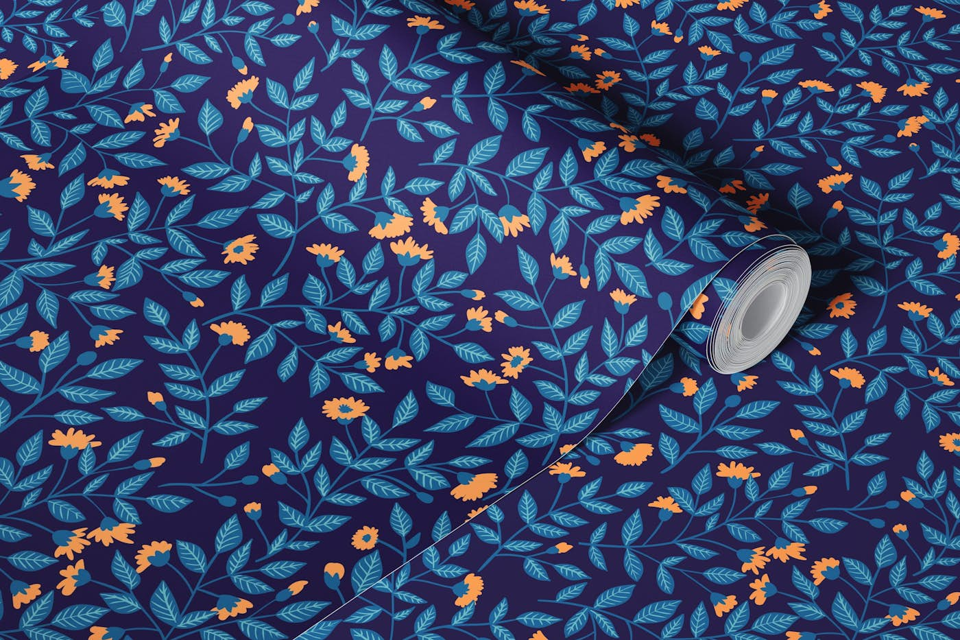 Florals in blue and orange wallpaper roll