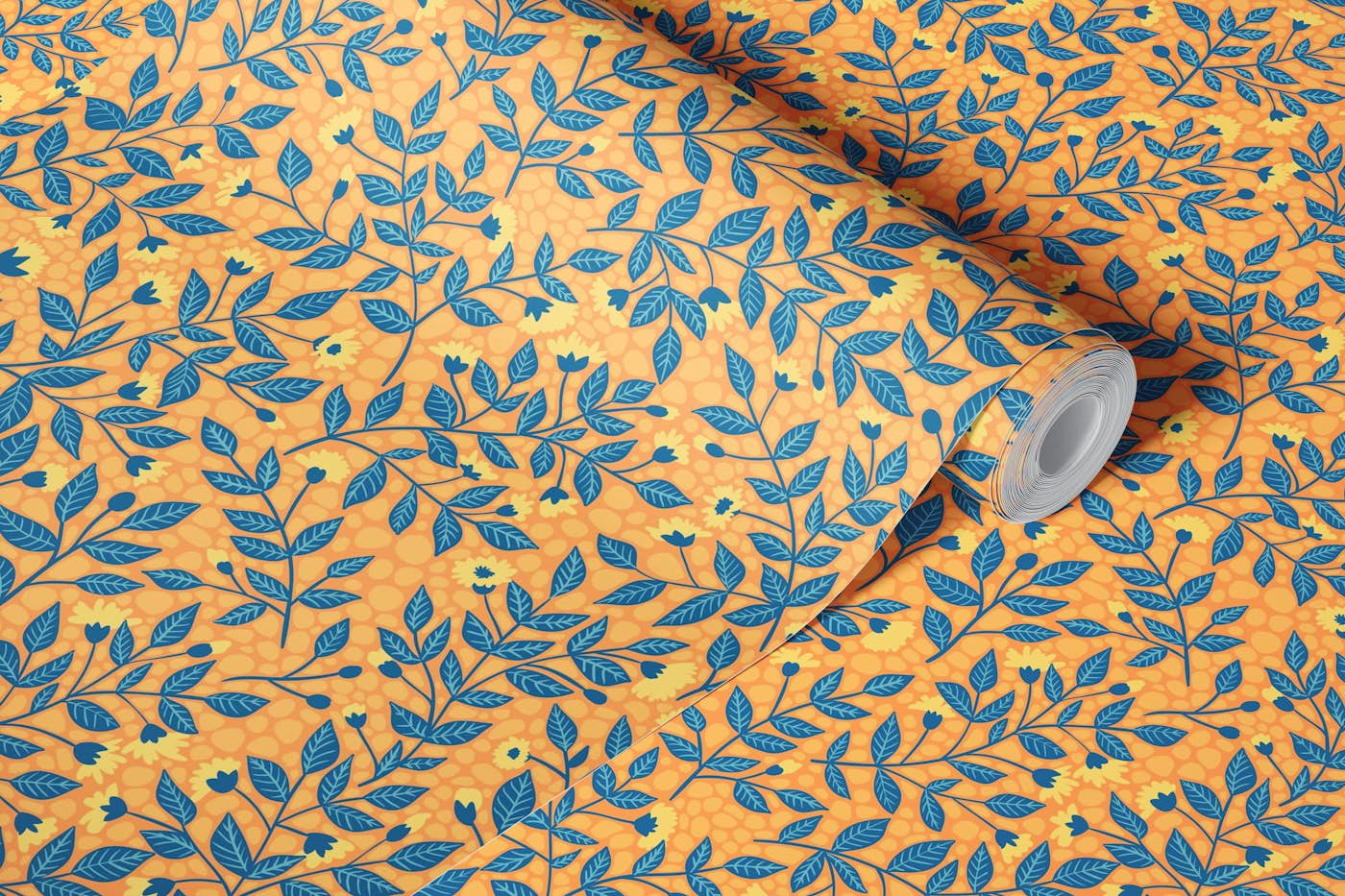 Florals in orange and blue wallpaper roll