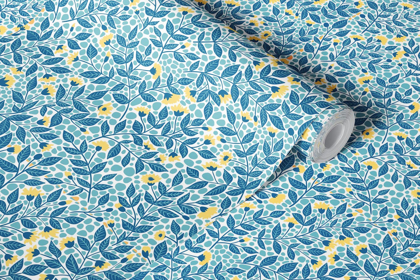 Florals in blue and yellow wallpaper roll