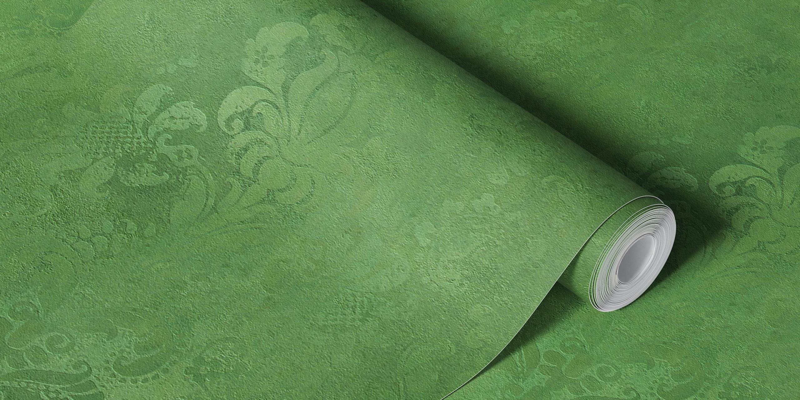 Fotomural con estampado de damasco grunge en color verde manzana con elementos de diseño vintage