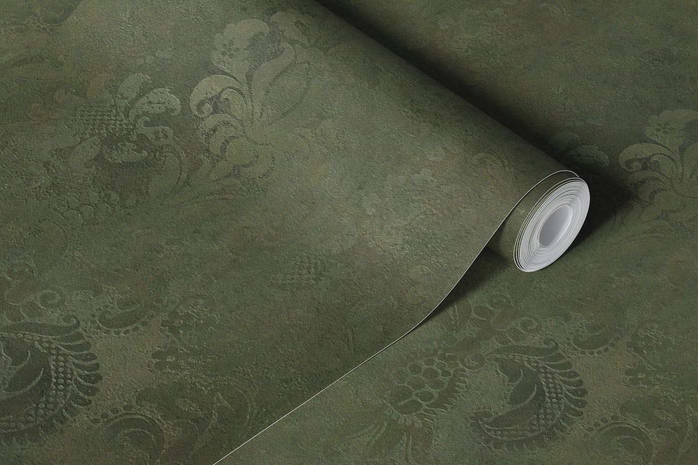 Grunge Damask Pattern Olive Green wallpaper roll