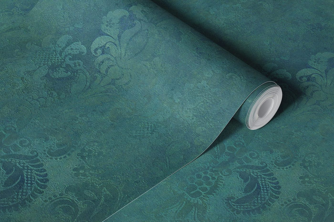 Grunge Damask Pattern Viridian Green wallpaper roll