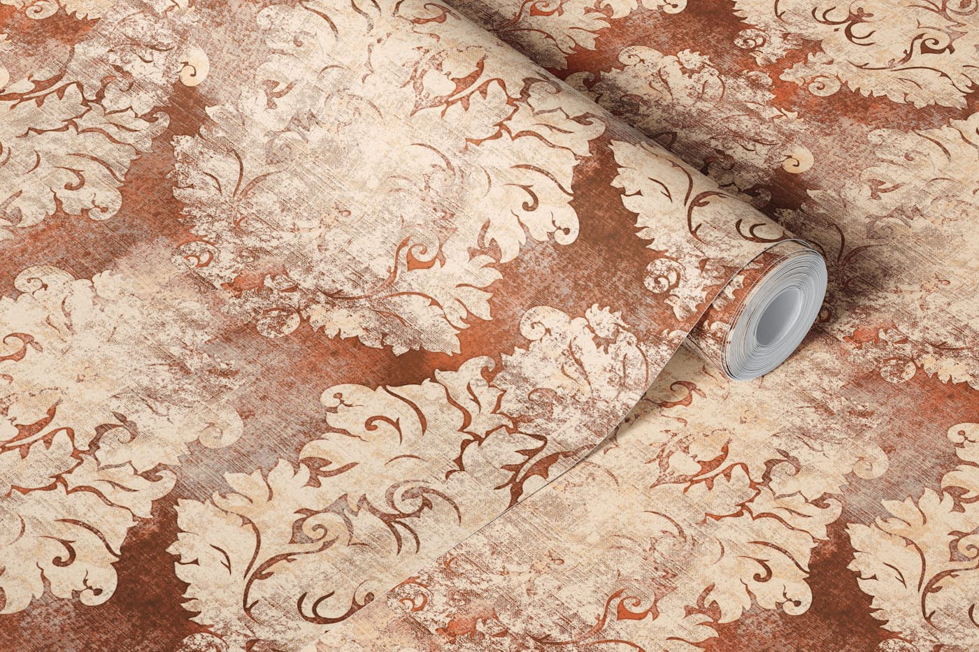 Antique Damask Pattern Terracotta Brown wallpaper roll