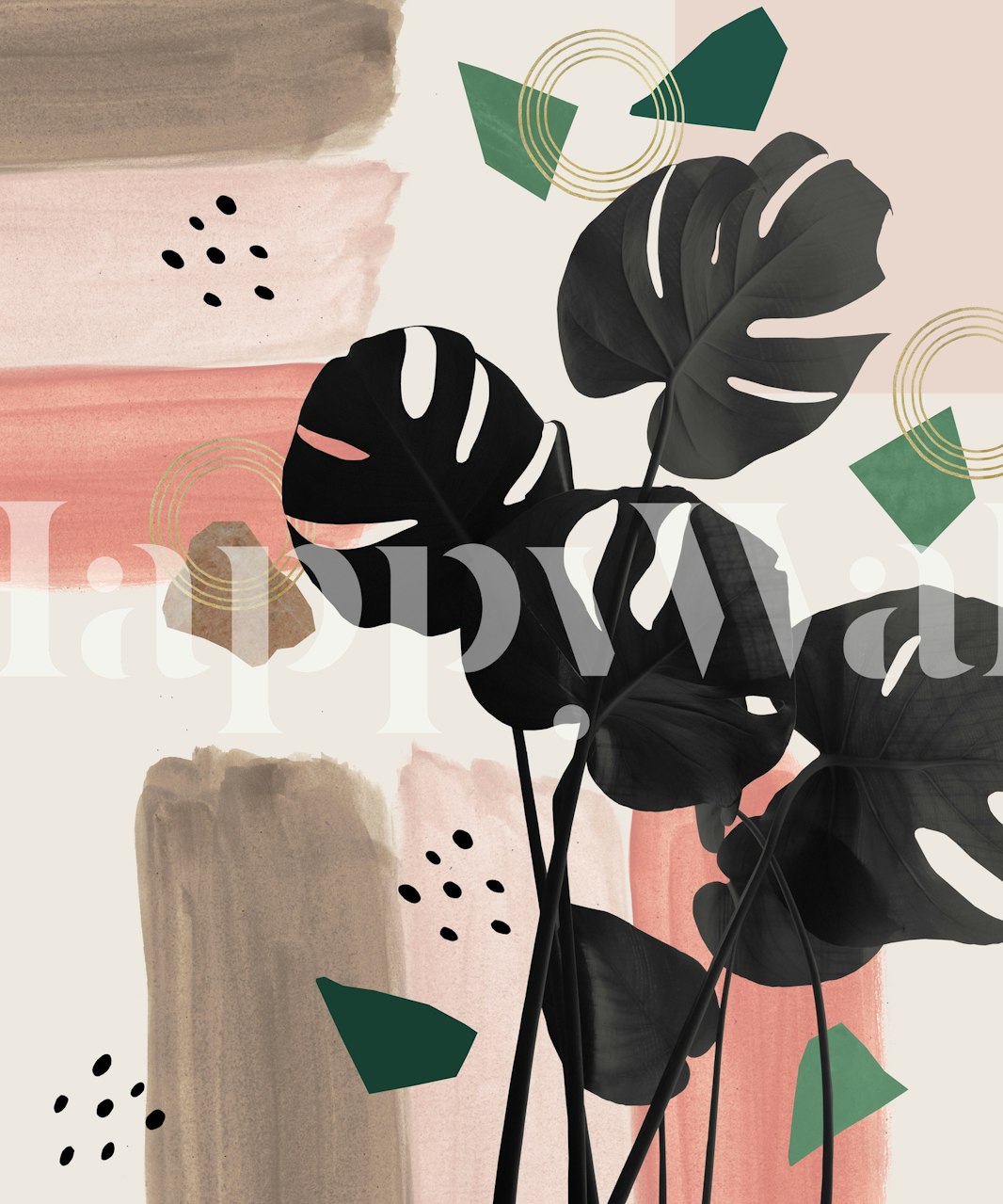 Monstera löv tapet med pastellfärgade penseldrag i modern sommarglammig stil