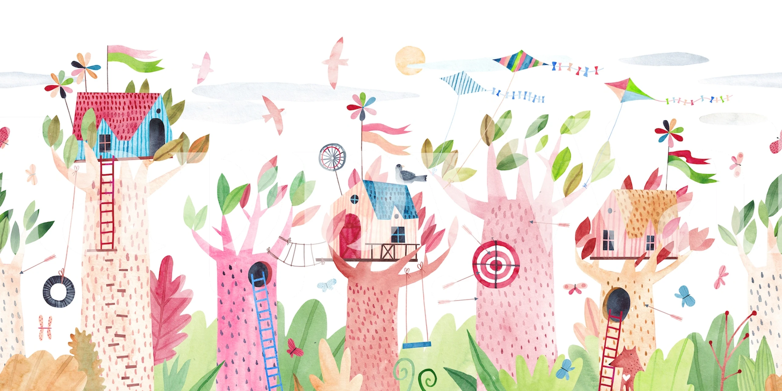 Veselá tapeta Cute tree houses v rámci místnosti