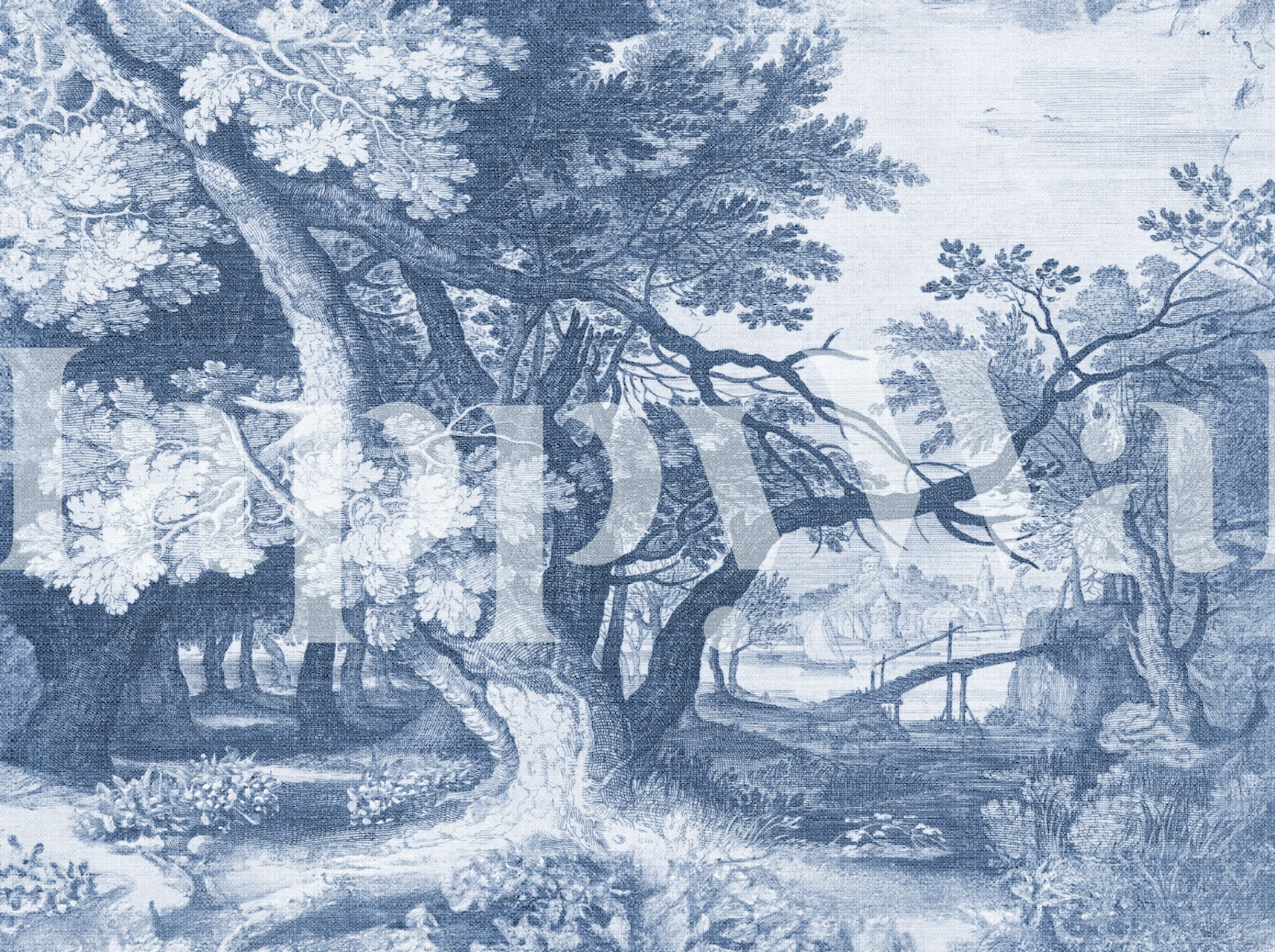 Blue landscape etching with trees and a bridge wallpaper