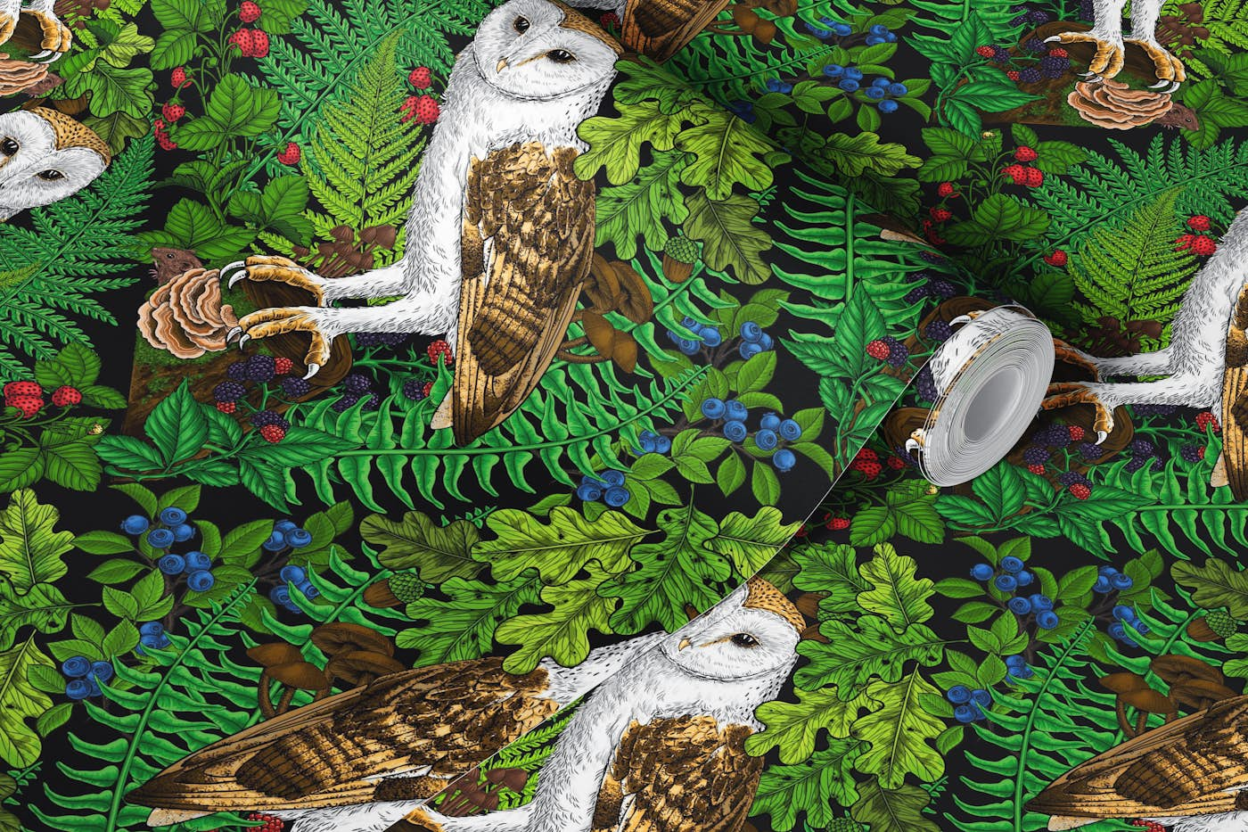 Owls, ferns, oak and berries wallpaper roll