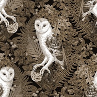 Owls, ferns, oak and berries, sepia, monochrome tapety