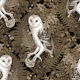 Owls, ferns, oak and berries, sepia, monochrome