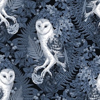 Owls, ferns, oak and berries, monochrome in blue tapety