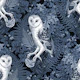Owls, ferns, oak and berries, monochrome in blue