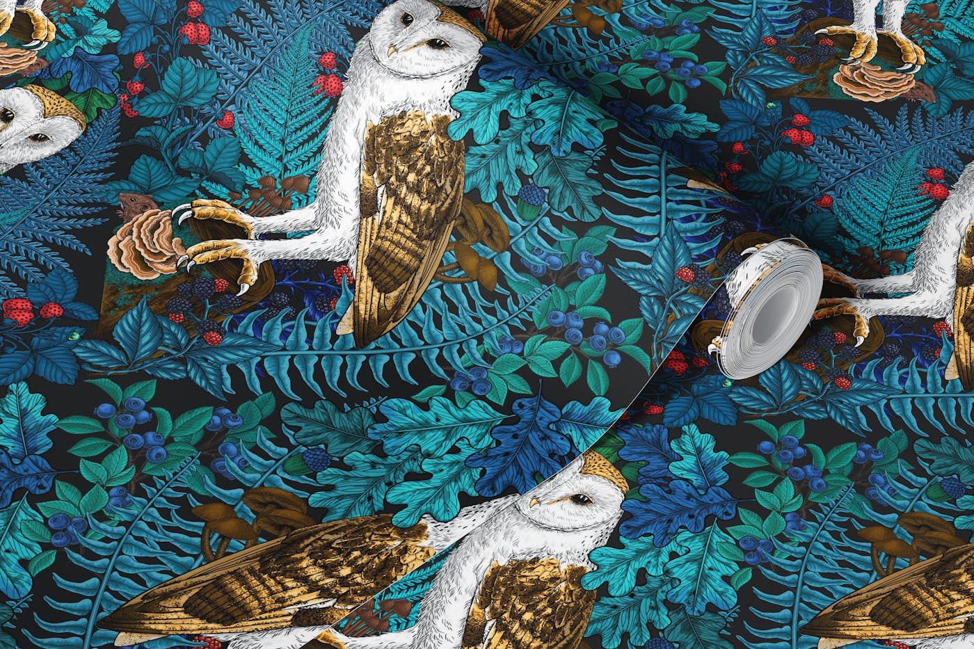 Owls, ferns, oak and berries, woodland pattern design in blues, red and brown wallpaper roll