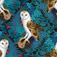 Owls, ferns, oak and berries, woodland pattern design in blues, red and brown tapety