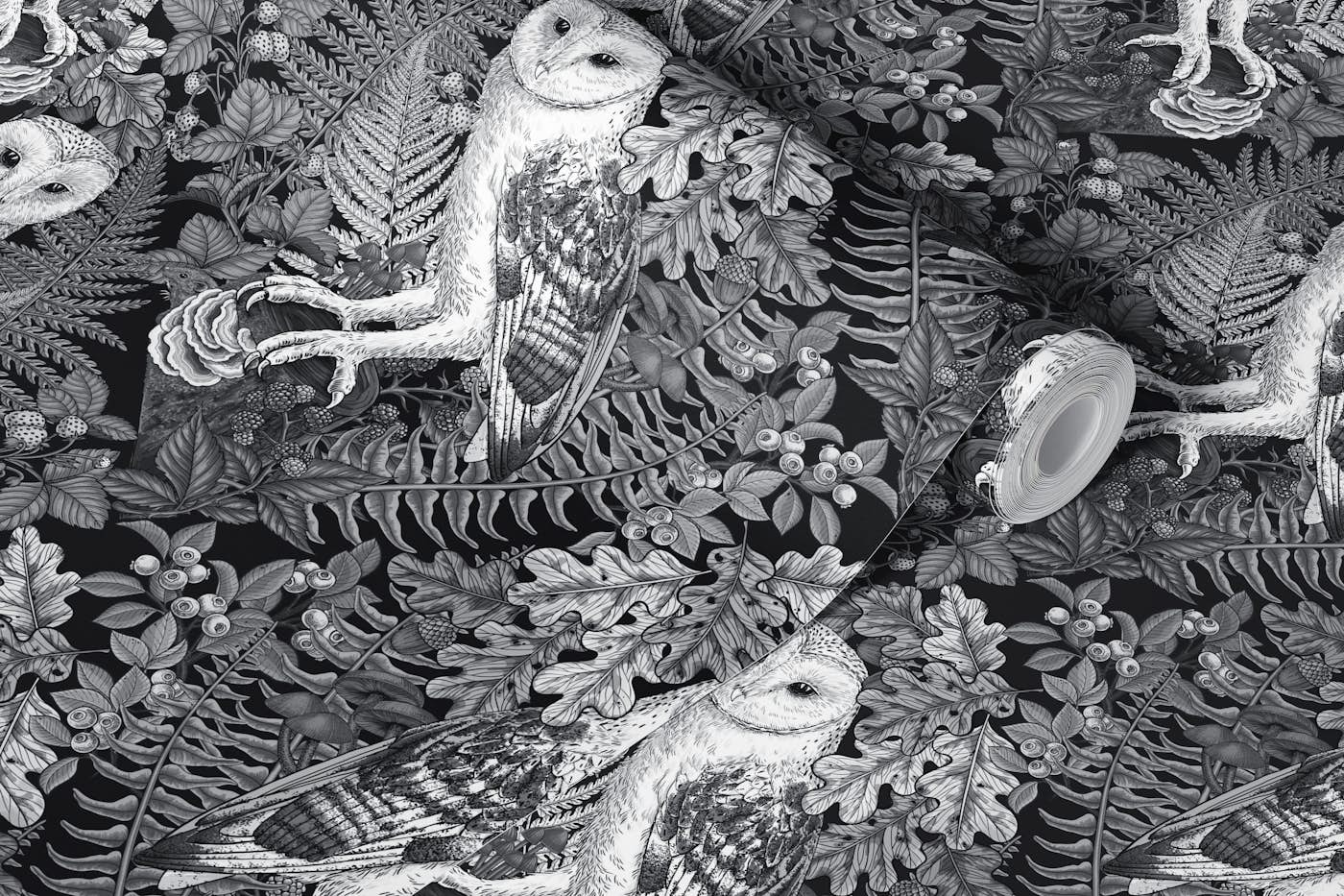 Owls, ferns, oak and berries, monochrome, black ,gray and white wallpaper roll