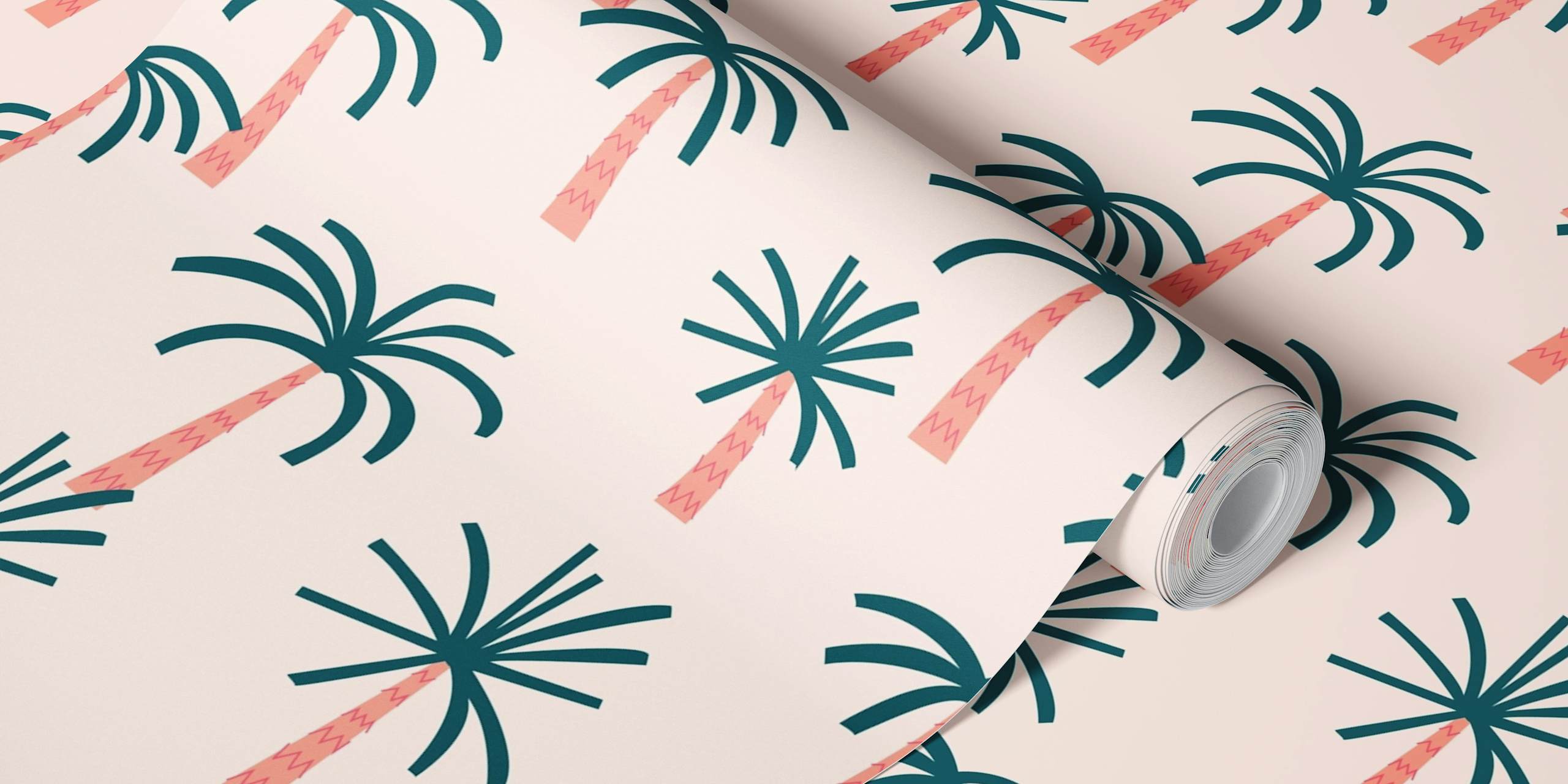 Palms on pink wallpaper in a room