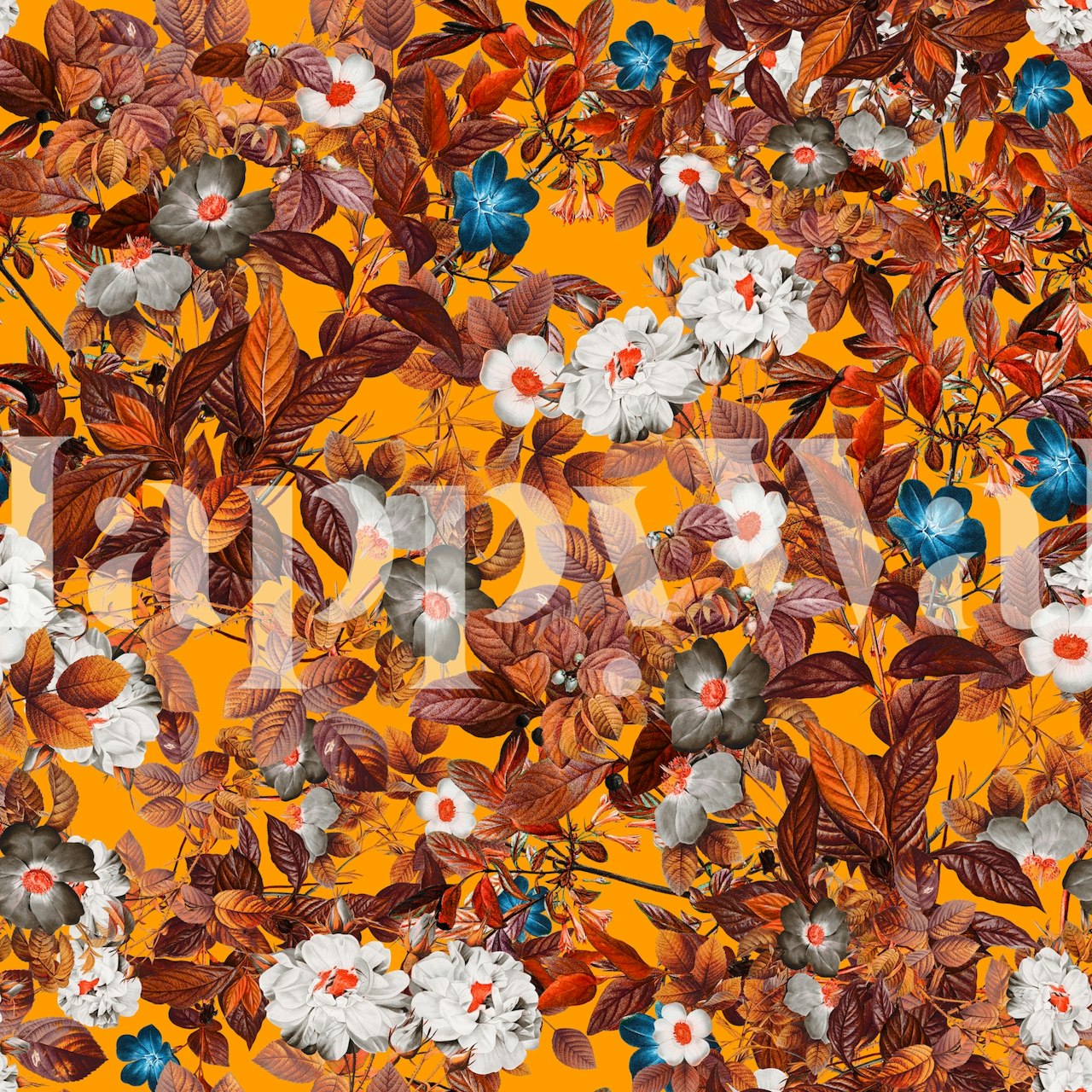 Colorful summer exotic garden wall mural with bright flowers and leaves