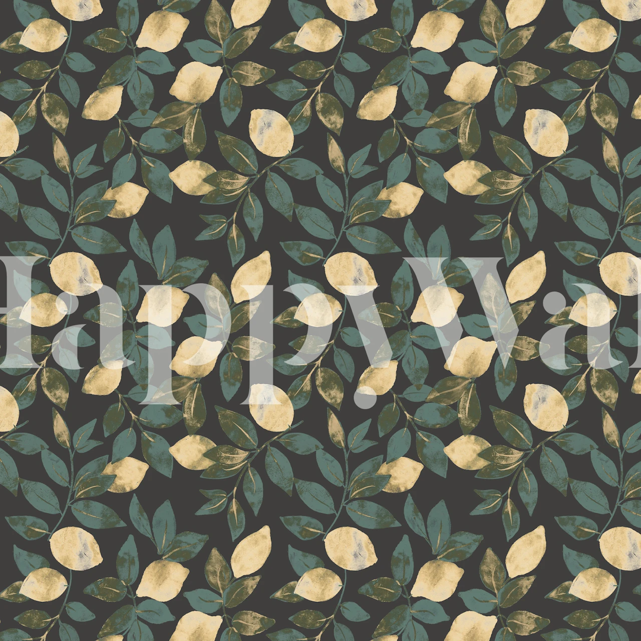 Vintage lemon and green leaf pattern wallpaper