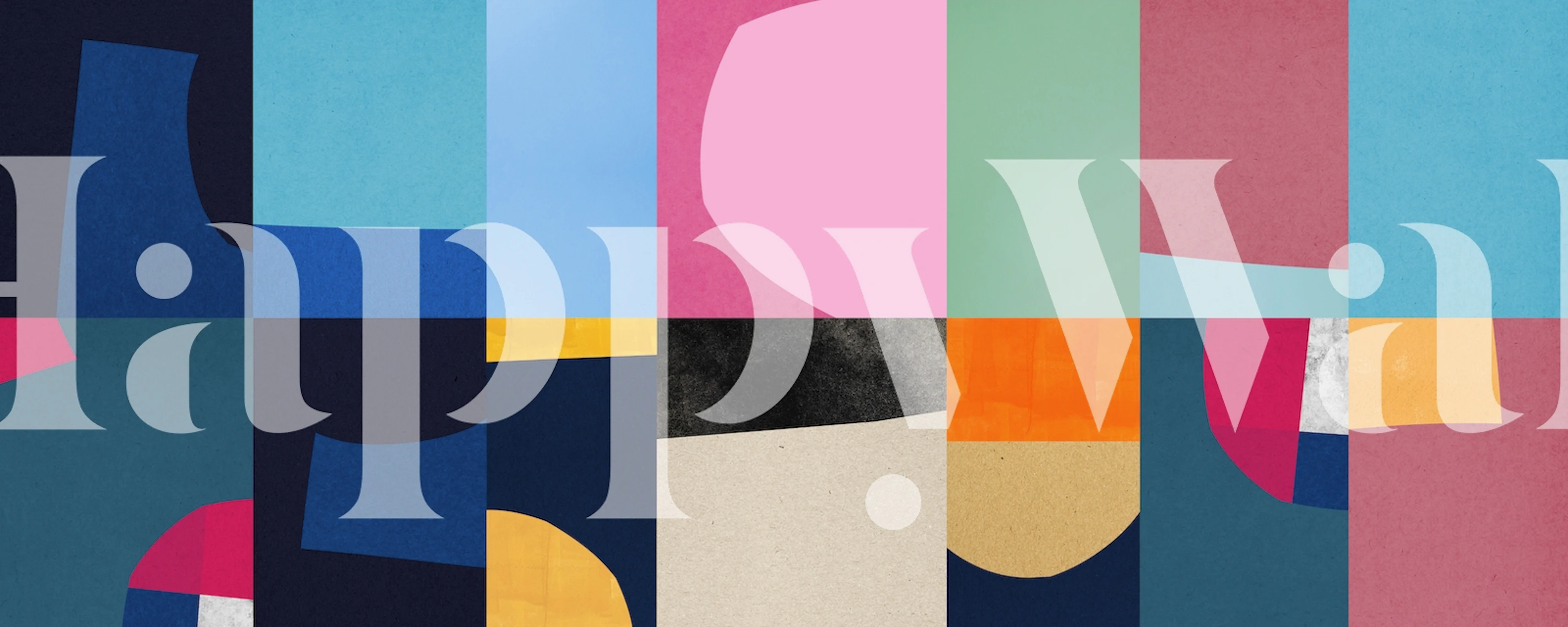 Colorful abstract collage wallpaper featuring pink, blue, green, and black shapes