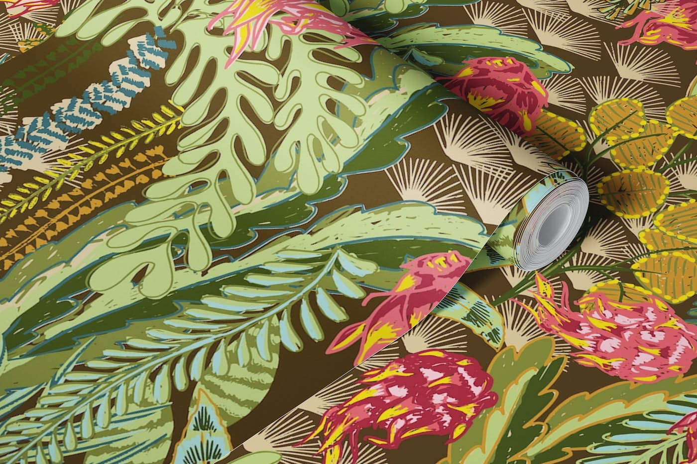 tropical lounge with dragon fruit dark brown wallpaper roll