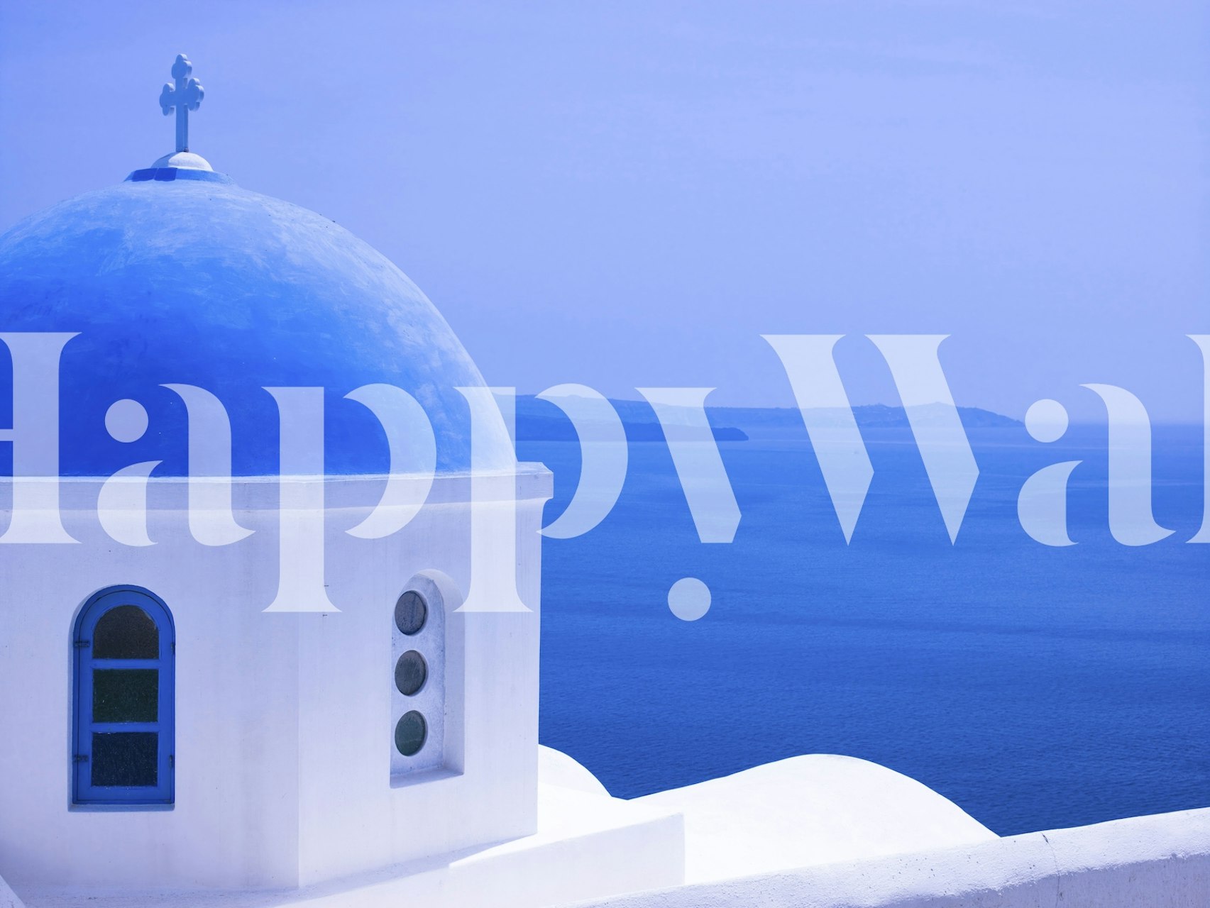 Fototapete der Insel Santorin mit ikonischer blauer Kuppelkirche und Meerblick