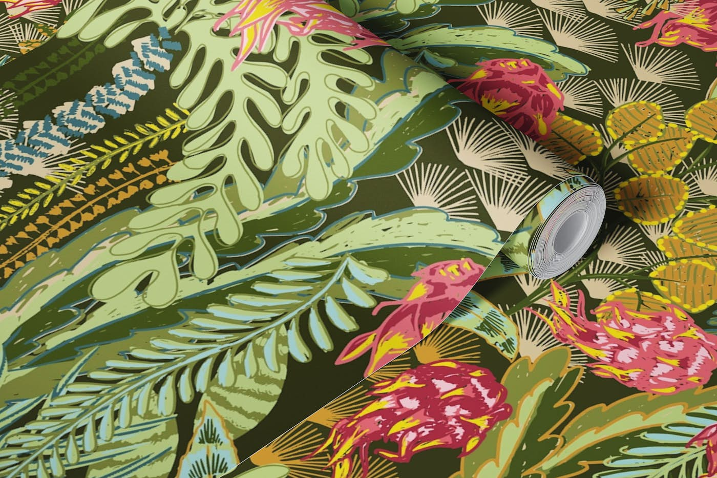 tropical lounge with dragon fruit emerald wallpaper roll